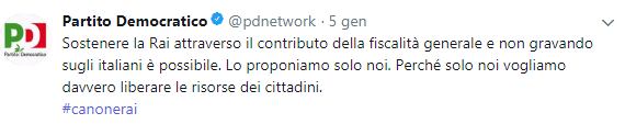 Il tweet del PD, che in campagna elettorale promette di rimuovere il canone Rai che ha messo in bolletta.