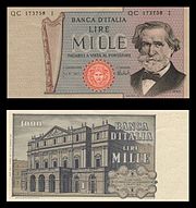 Mille lire con Giuseppe Verdi, emesse tra il 1962 e il 1969.