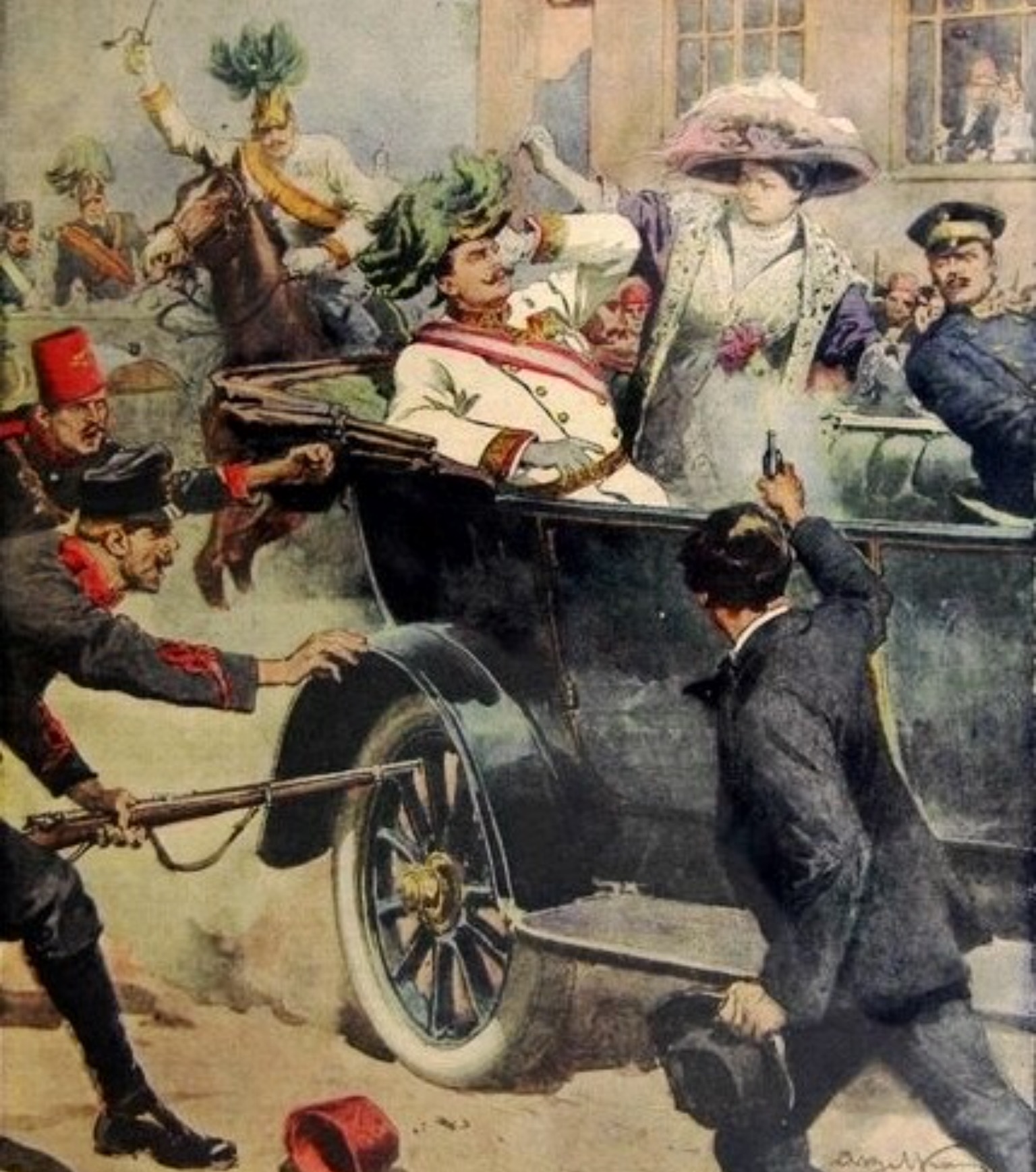 Achille Beltrame, l'attentato di Sarajevo. Ilustrazione per il quotidiano "La Domenica del Corriere"