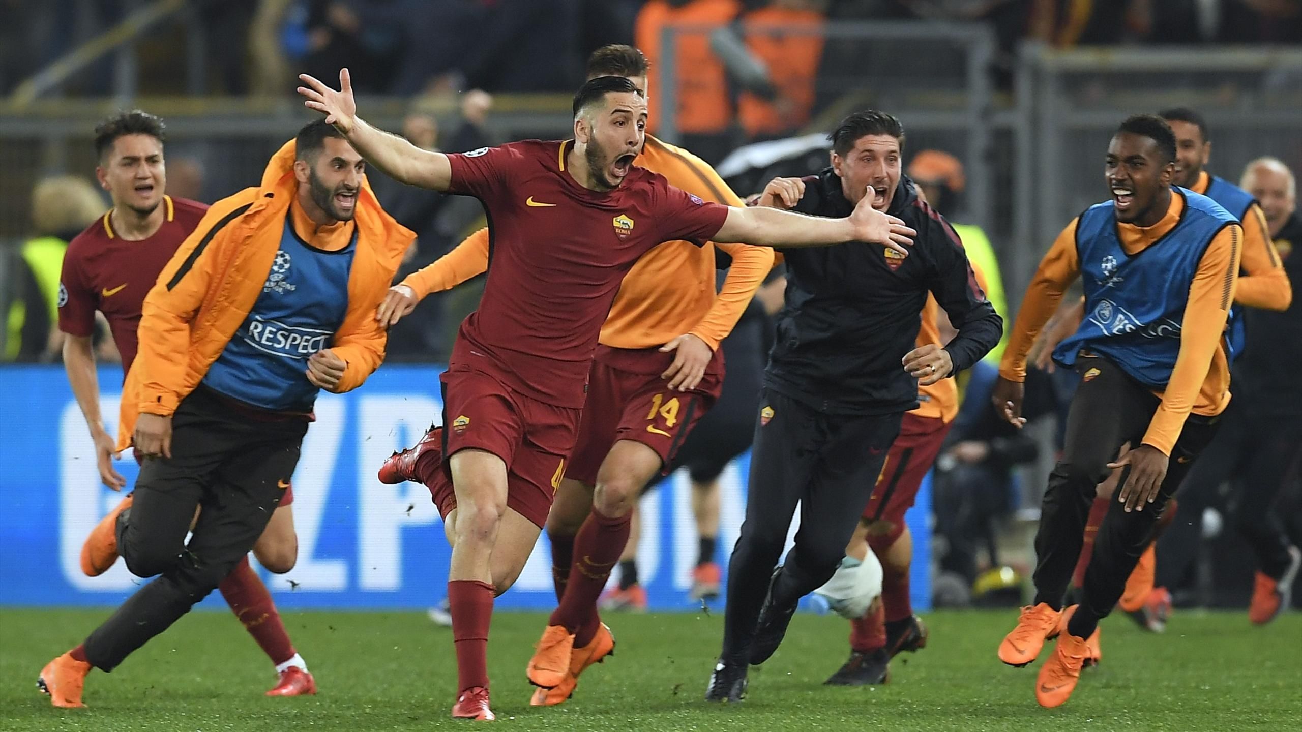 Kostas Manolas esulta al gol del 3-0 che vale la semifinale di Champions League per la Roma. Foto: Getty Images.