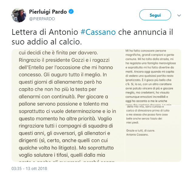 Antonio Cassano si ritira