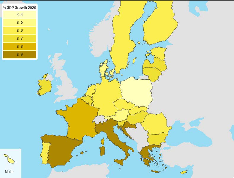 Il PIL degli Stati europei nel 2020