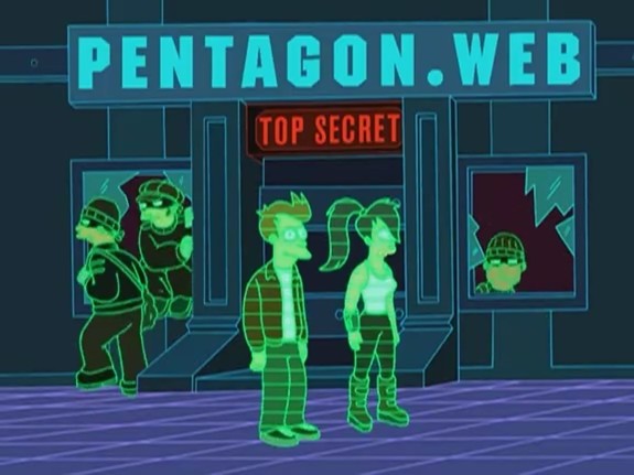 Leela e Fry in un episodio di Futurama dove esplorano il Web del futuro