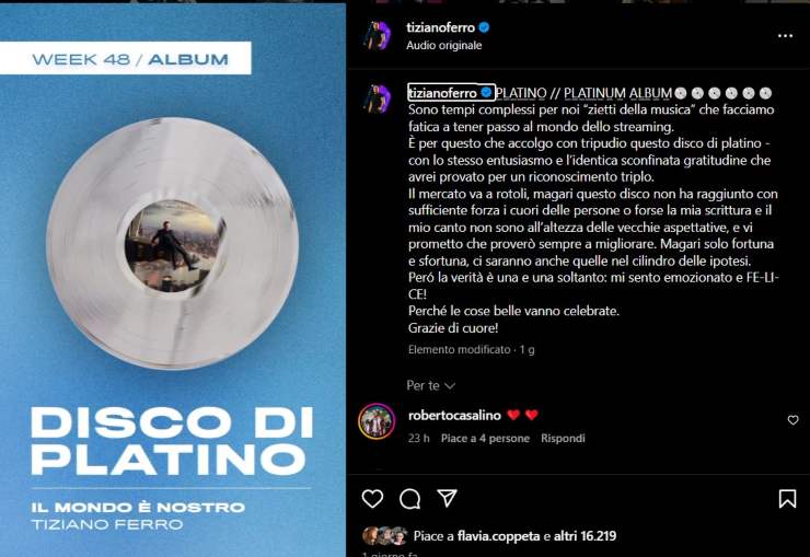 Tiziano Ferro post instagram 