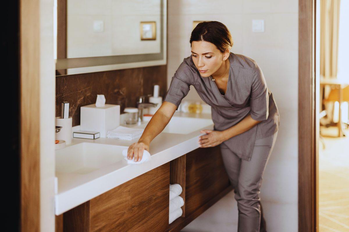 Donna che pulisce lavabo bagno