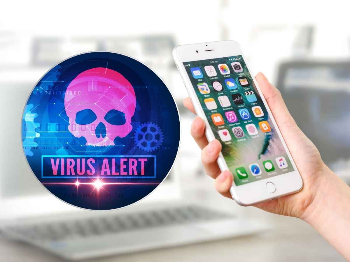 foto di telefono pieno di app e allarme virus