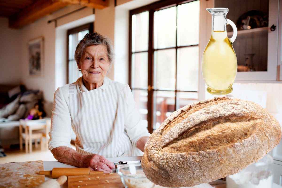Nonna in cucina con pane e aceto